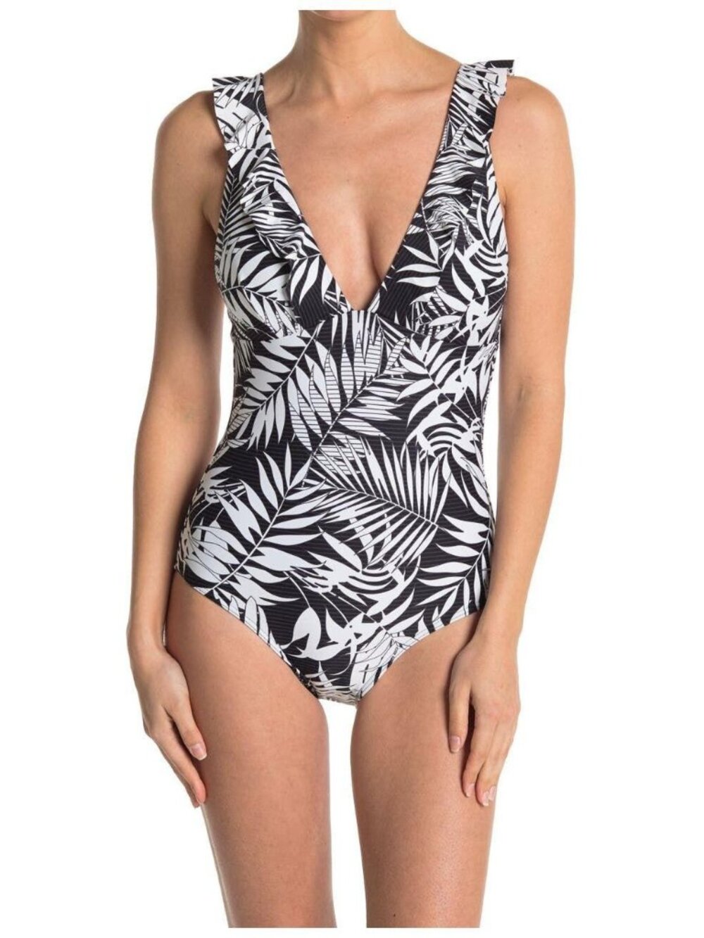 🆕SEA LEVEL Frill One Piece Swimsuit Black & White Palm Print 12